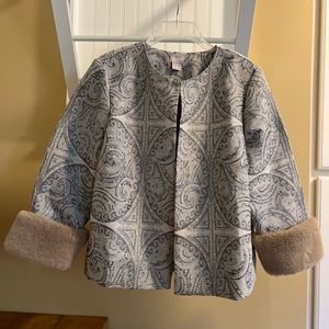 NWT Chico’s 2P Metallic Jacquard Jacket removable Faux Fur cuffs 3/4 sleeve 14P